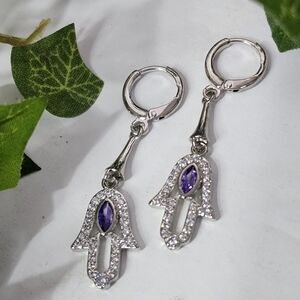Silver Steel with Purple / Clear Zirconia Hamsa Hand Huggie Hoop Earrings